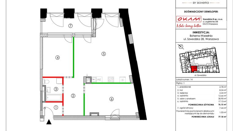 Rzut - Mieszkanie na sprzedaż 3 pokoje o powierzchni 76,15 m² - numer M014 w Warzelnia by Bohema