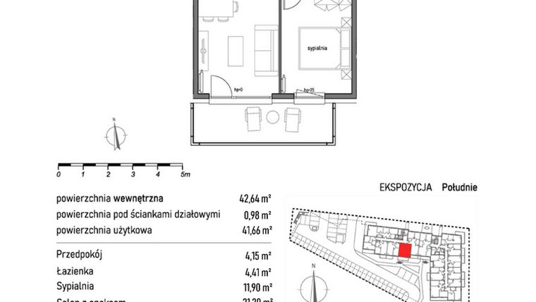 Rzut - Mieszkanie na sprzedaż 2 pokoje o powierzchni 42,64 m² - numer 1.5.2. w Dywizjonu 303