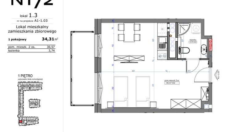 Rzut - Mieszkanie na sprzedaż 1 pokój o powierzchni 34,31 m² - numer 01.03 w Naramowicka 172
