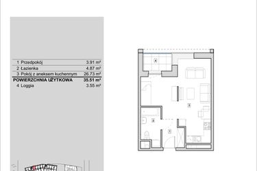 Rzut - Mieszkanie na sprzedaż 1 pokój o powierzchni 35,51 m² - numer H1-A-8-1 w Heyki City