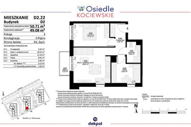 Rzut - Mieszkanie na sprzedaż 3 pokoje o powierzchni 49,08 m² - numer D2.22 w Osiedle Kociewskie etap IV
