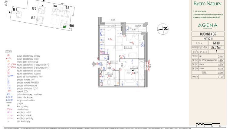 Rzut - Mieszkanie na sprzedaż 2 pokoje o powierzchni 38,74 m² - numer B6M10 w Rytm Natury