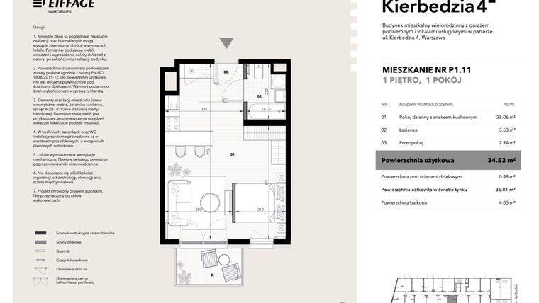 Rzut - Mieszkanie na sprzedaż 1 pokój o powierzchni 34,53 m² - numer P1.11 w Kierbedzia 4