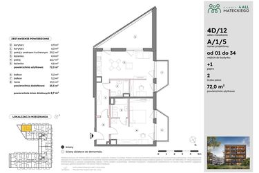 Rzut - Mieszkanie na sprzedaż 2 pokoje o powierzchni 72,06 m² - numer A/1/5 w Osiedle Mateckiego 4ALL