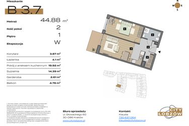 Rzut - Mieszkanie na sprzedaż 2 pokoje o powierzchni 44,88 m² - numer B 3.7 w City Łobzów