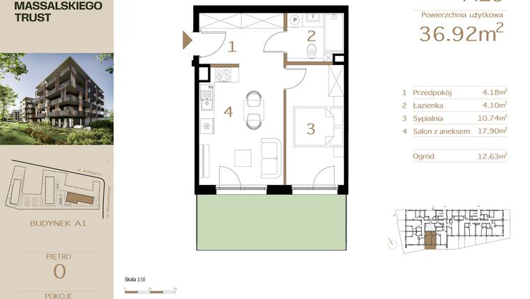 Rzut - Mieszkanie na sprzedaż 2 pokoje o powierzchni 36,92 m² - numer M29 w Massalskiego Trust