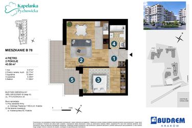 Rzut - Mieszkanie na sprzedaż 2 pokoje o powierzchni 43,58 m² - numer B78 w Kapelanka-Pychowicka Etap III