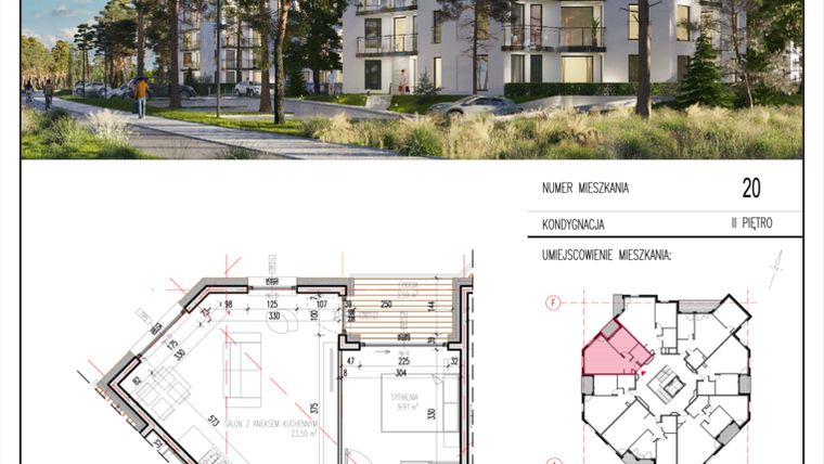Rzut - Mieszkanie na sprzedaż 2 pokoje o powierzchni 42,85 m² - numer 20 w Grasera 12