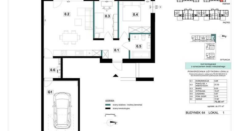 Rzut - Mieszkanie na sprzedaż 3 pokoje o powierzchni 76,86 m² - numer 64-1 w Błonie Bosco