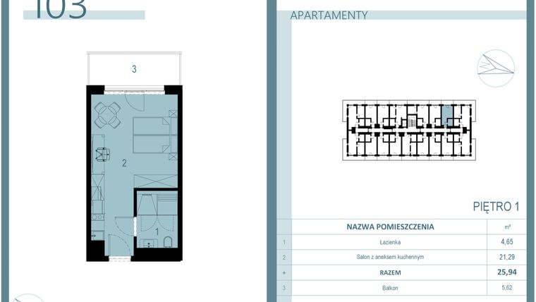 Rzut - Mieszkanie na sprzedaż 1 pokój o powierzchni 25,83 m² - numer 103 w Linea Mare Mrzeżyno