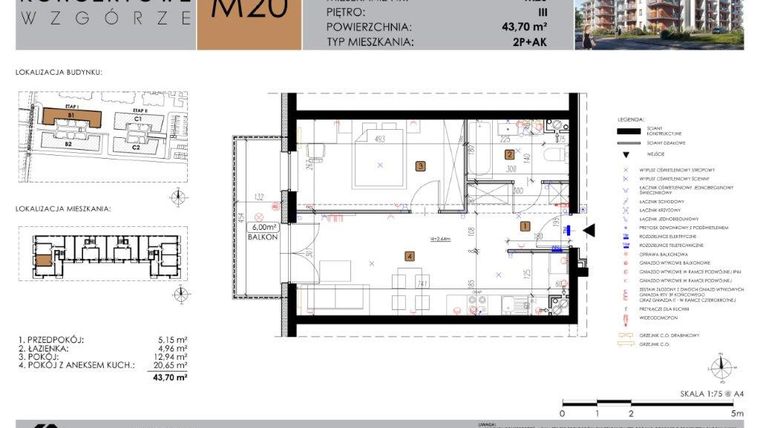 Rzut - Mieszkanie na sprzedaż 2 pokoje o powierzchni 43,7 m² - numer B1.20 w Koncertowe Wzgórze