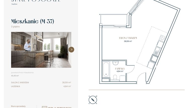 Rzut - Mieszkanie na sprzedaż 1 pokój o powierzchni 41,31 m² - numer M.37 w Stare Podgórze