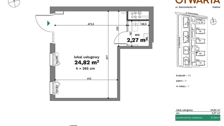 Rzut - Lokal użytkowy na sprzedaż 1 pokój o powierzchni 27,09 m² - numer C2-U1 w Forma Otwarta etap C