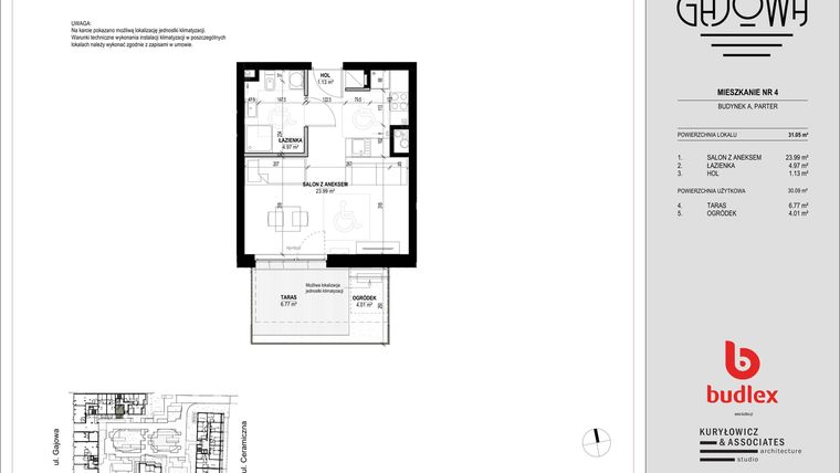 Rzut - Mieszkanie na sprzedaż 1 pokój o powierzchni 31,05 m² - numer 4 w Gajowa bud. A