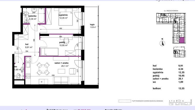 Rzut - Mieszkanie na sprzedaż 3 pokoje o powierzchni 59,54 m² - numer 6 w Wojciechowska Square