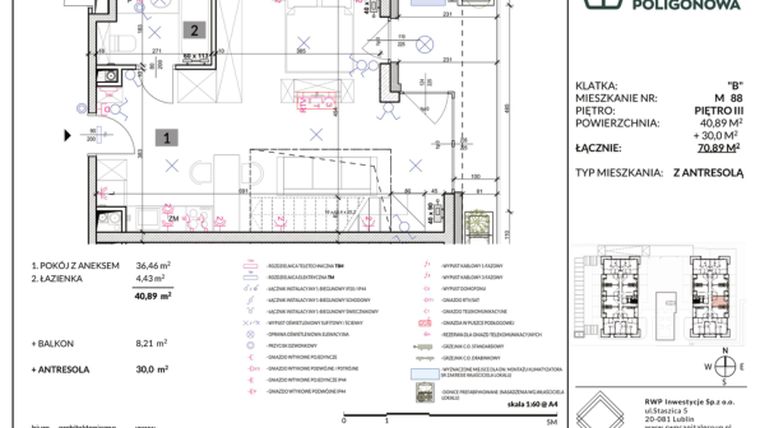 Rzut - Mieszkanie na sprzedaż 2 pokoje o powierzchni 83,32 m² - numer 88 w Apartamenty Poligonowa etap 4