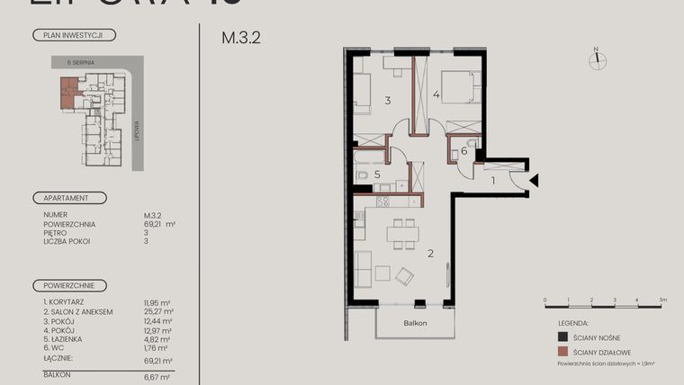 Rzut - Mieszkanie na sprzedaż 3 pokoje o powierzchni 69,21 m² - numer M.3.2 w Lipowa 43