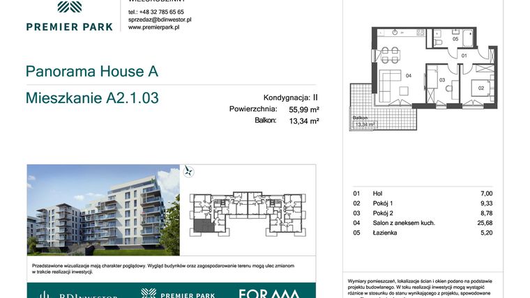 Rzut - Mieszkanie na sprzedaż 3 pokoje o powierzchni 55,99 m² - numer A2.1.03 w Premier Park II