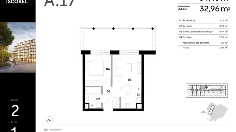 Rzut - Mieszkanie na sprzedaż 2 pokoje o powierzchni 34,43 m² - numer A.17 w Browar HUGO SCOBEL