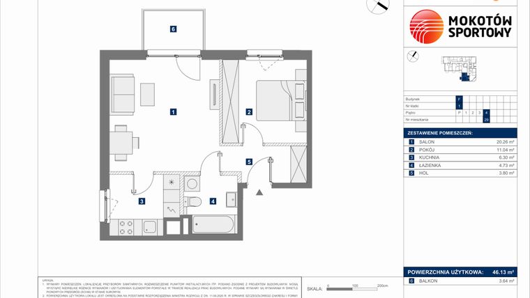 Rzut - Mieszkanie na sprzedaż 2 pokoje o powierzchni 46,13 m² - numer F.29 w Mokotów Sportowy