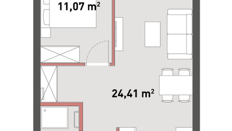 Rzut - Mieszkanie na sprzedaż 2 pokoje o powierzchni 41,47 m² - numer A.03.08 w Żelazna 54