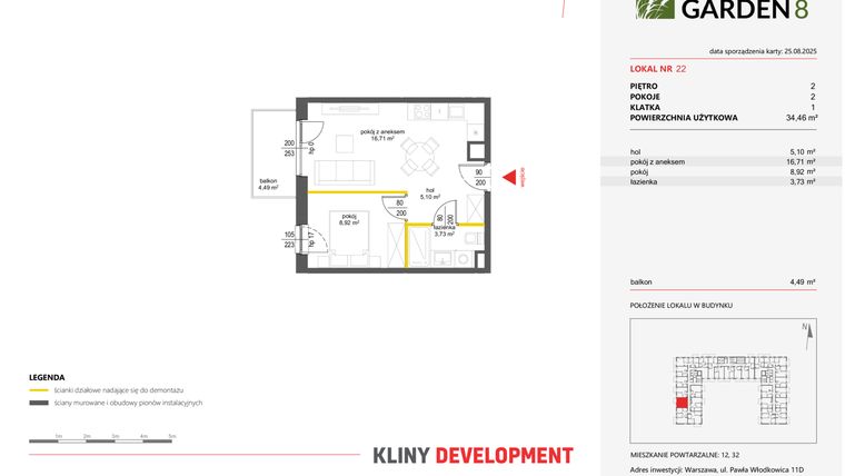 Rzut - Mieszkanie na sprzedaż 2 pokoje o powierzchni 34,46 m² - numer 22 w Nova Viva Garden 8