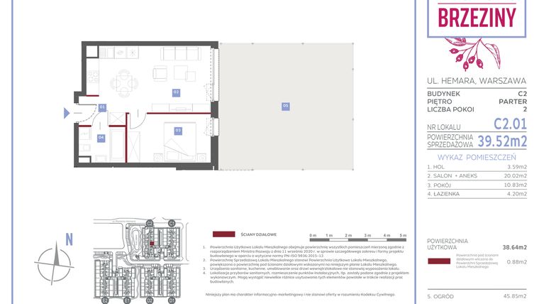 Rzut - Mieszkanie na sprzedaż 2 pokoje o powierzchni 39,52 m² - numer C2.01 w Miasteczko Brzeziny II