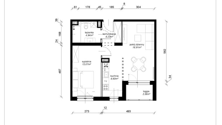 Rzut - Mieszkanie na sprzedaż 2 pokoje o powierzchni 47,65 m² - numer E.4.27.2k w Art.Teo etap 3