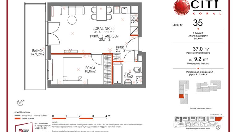 Rzut - Mieszkanie na sprzedaż 2 pokoje o powierzchni 37 m² - numer 35 w Comfort City Koral