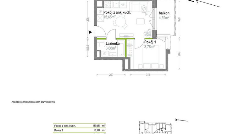 Rzut - Mieszkanie na sprzedaż 2 pokoje o powierzchni 28,11 m² - numer B.A.2.01 w Głębocka Vita