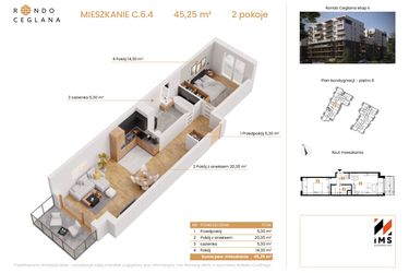 Rzut - Mieszkanie na sprzedaż 2 pokoje o powierzchni 45,11 m² - numer C.6.4 w Rondo Ceglana etap II