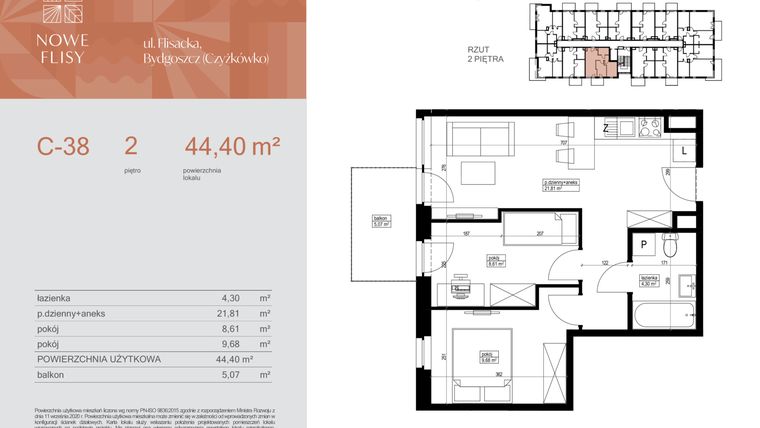 Rzut - Mieszkanie na sprzedaż 3 pokoje o powierzchni 44,4 m² - numer M38_NF.c w Nowe Flisy II