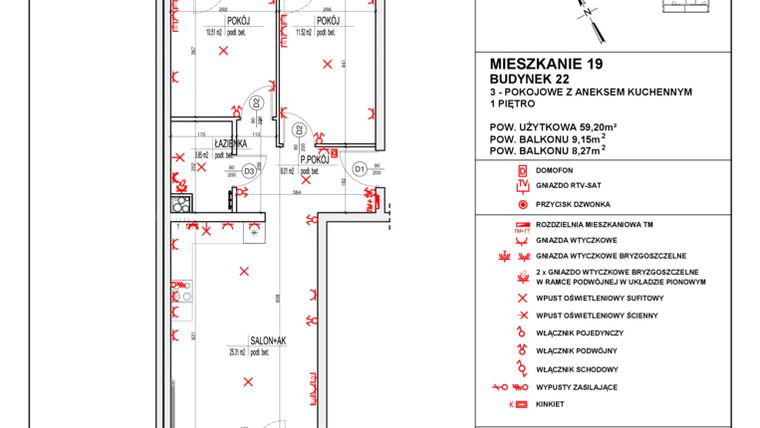Rzut - Mieszkanie na sprzedaż 3 pokoje o powierzchni 59,2 m² - numer 22_19 w Osiedle 4 Pory Roku - Etap VIII