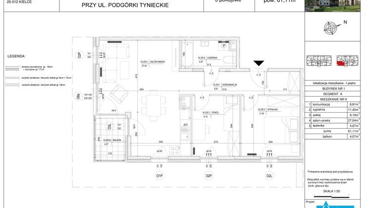 Rzut - Mieszkanie na sprzedaż 3 pokoje o powierzchni 61,11 m² - numer A9 w Podgórki Tynieckie