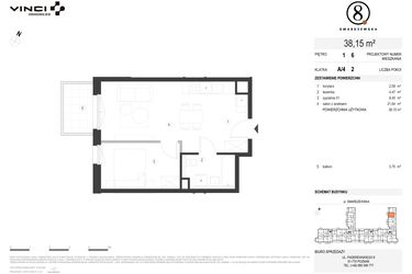 Rzut - Mieszkanie na sprzedaż 2 pokoje o powierzchni 38,15 m² - numer A/4/1.6 w Smardzewska 8