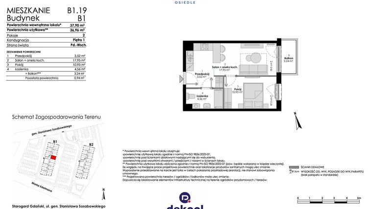 Rzut - Mieszkanie na sprzedaż 2 pokoje o powierzchni 36,96 m² - numer B1.19 w Osiedle Chabrowe