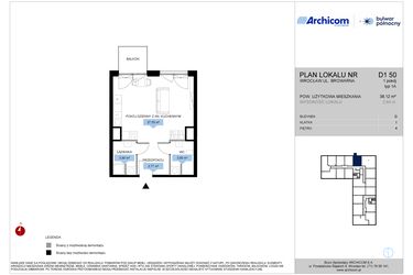 Rzut - Mieszkanie na sprzedaż 1 pokój o powierzchni 38,12 m² - numer D1.50 w Bulwar Północny