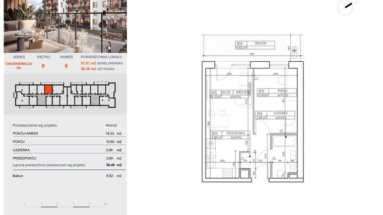 Rzut - Mieszkanie na sprzedaż 2 pokoje o powierzchni 36,48 m² - numer B6 w Symfonia - Chodkiewicza 9