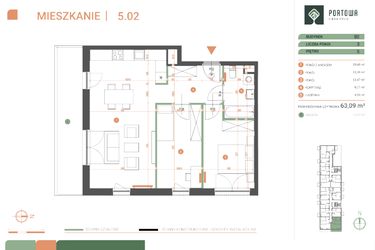 Rzut - Mieszkanie na sprzedaż 3 pokoje o powierzchni 63,09 m² - numer M.05.02 w Casa Feliz Portowa