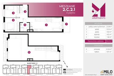 Rzut - Mieszkanie na sprzedaż 4 pokoje o powierzchni 95,79 m² - numer 2.C.2.1 w Maślice Wrocław Milo Dobry Deweloper etap III