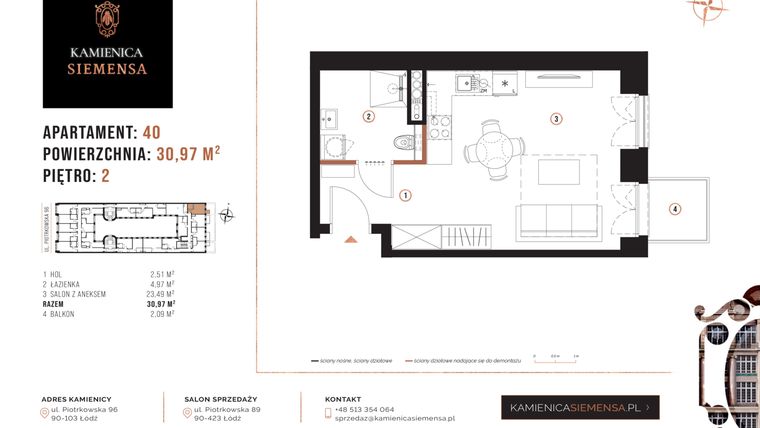 Rzut - Mieszkanie na sprzedaż 1 pokój o powierzchni 30,97 m² - numer 40 w Kamienica Siemensa