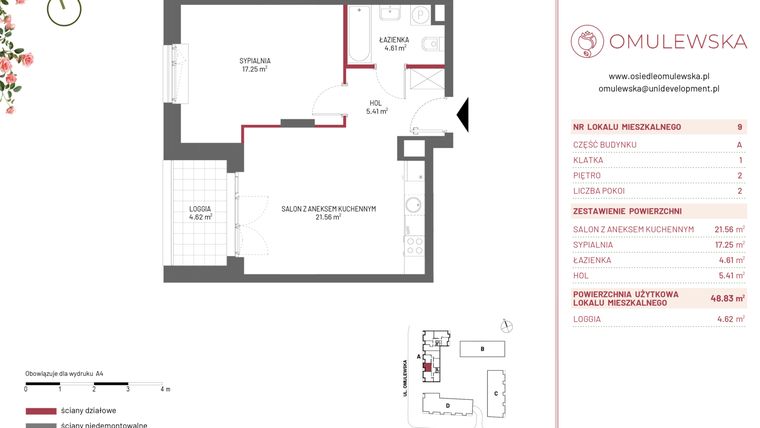 Rzut - Mieszkanie na sprzedaż 2 pokoje o powierzchni 48,83 m² - numer A/9 w Omulewska