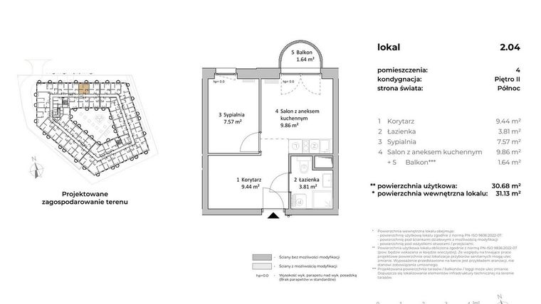 Rzut - Mieszkanie na sprzedaż 1 pokój o powierzchni 31 m² - numer 2.04 w OVAL SKY