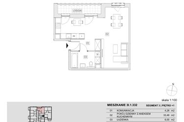 Rzut - Mieszkanie na sprzedaż 1 pokój o powierzchni 43,76 m² - numer 3I.1.332 w Ogrody Geyera Apartamenty
