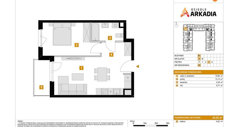 Rzut - Mieszkanie na sprzedaż 2 pokoje o powierzchni 43,02 m² - numer B1.43 w Osiedle Arkadia etap 2