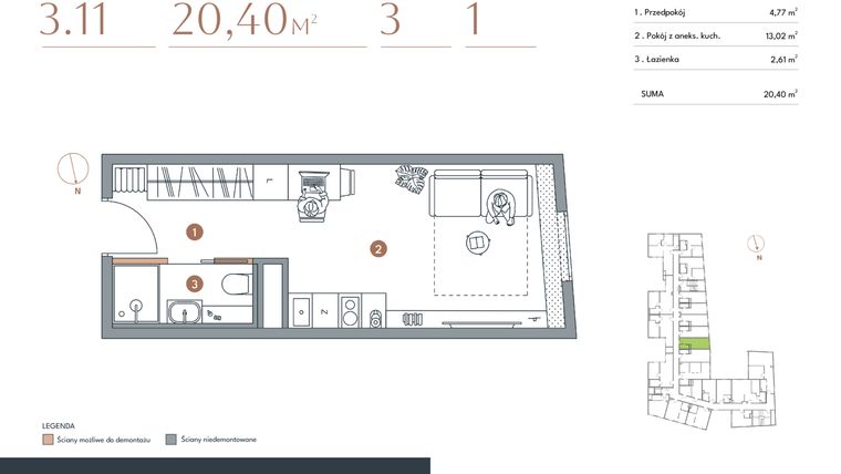 Rzut - Mieszkanie na sprzedaż 1 pokój o powierzchni 20,4 m² - numer 3.11 w Starowiejska 3