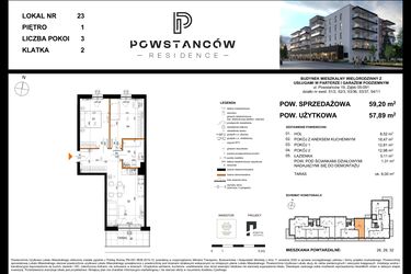 Rzut - Mieszkanie na sprzedaż 3 pokoje o powierzchni 57,89 m² - numer 23 w Powstańców Residence