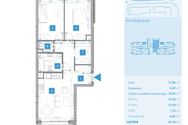 Rzut - Mieszkanie na sprzedaż 3 pokoje o powierzchni 67,7 m² - numer 19 w Apartamenty Macadamia