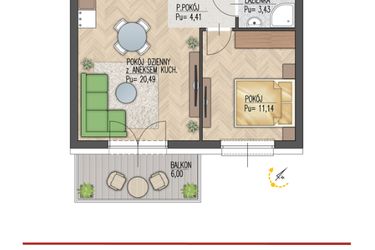 Rzut - Mieszkanie na sprzedaż 2 pokoje o powierzchni 39,47 m² - numer 57 w Enklawa Starosielce
