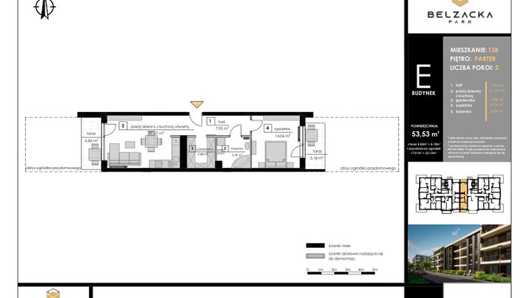 Rzut - Mieszkanie na sprzedaż 2 pokoje o powierzchni 53,53 m² - numer E.128 w Belzacka Park etap III